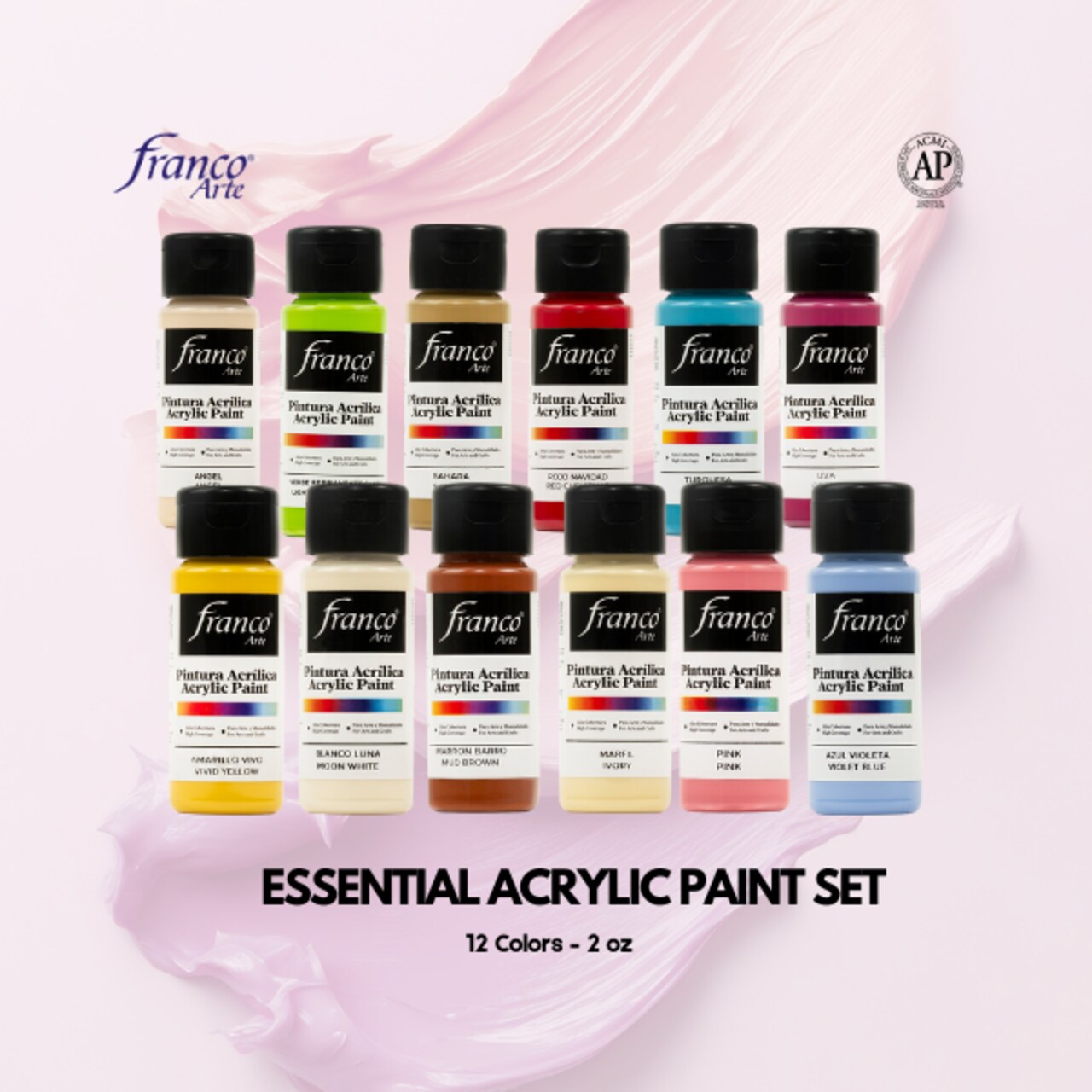 Acrylic Paint Set, 12 Essential Colors, 2oz Bottles – Franco Arte Kit
